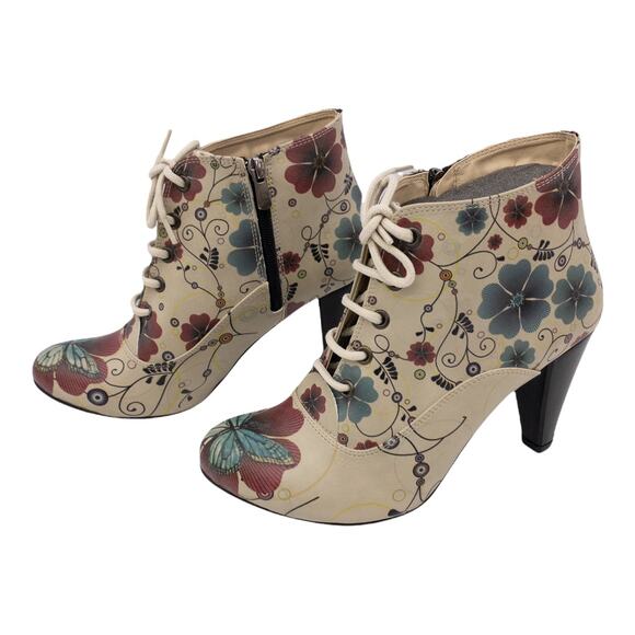 goby Shoes - Goby Tan Flowers and Butterfly Heeled Boho Ankle Boots 39 8.5 Women